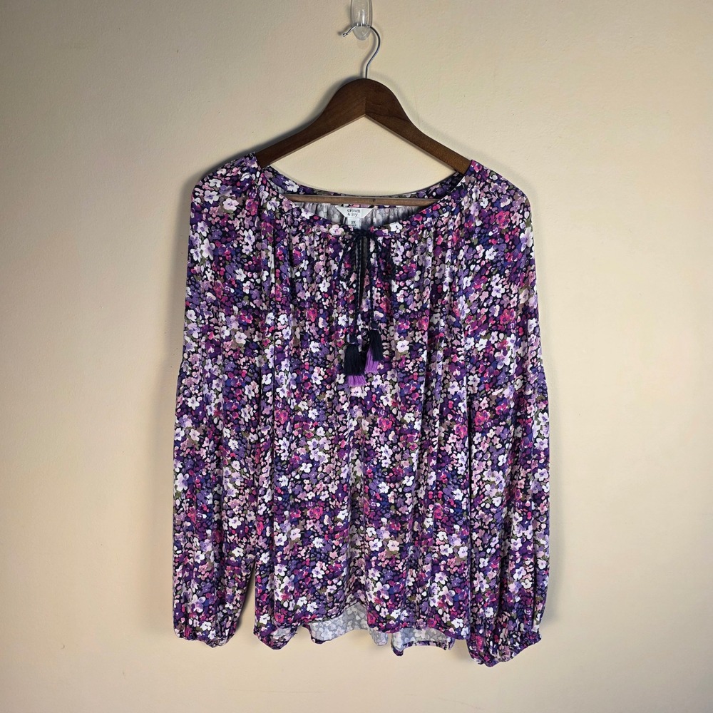 Crown & Ivy Peasant Top Women 2X Purple Floral Long Sleeve Tassel Boho Blouse - Picture 2 of 11